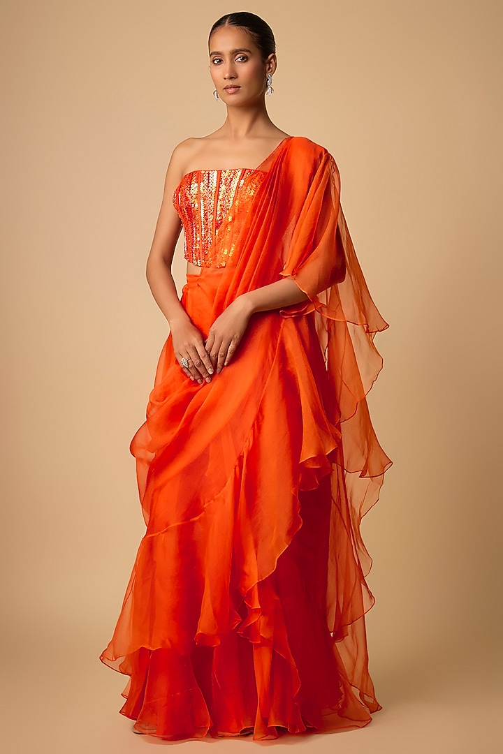 Orange Organza Ruffled Wedding Saree Set by Archana Shah at Pernia's Pop Up Shop
