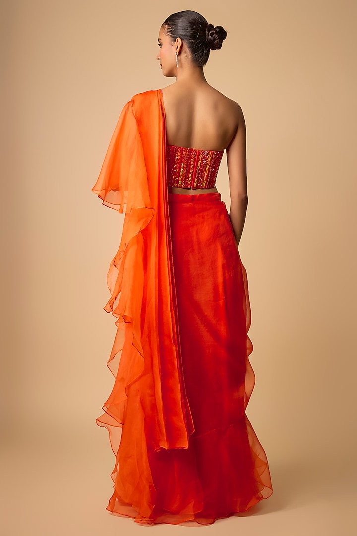 Orange Organza Ruffled Wedding Saree Set by Archana Shah at Pernia's Pop Up Shop