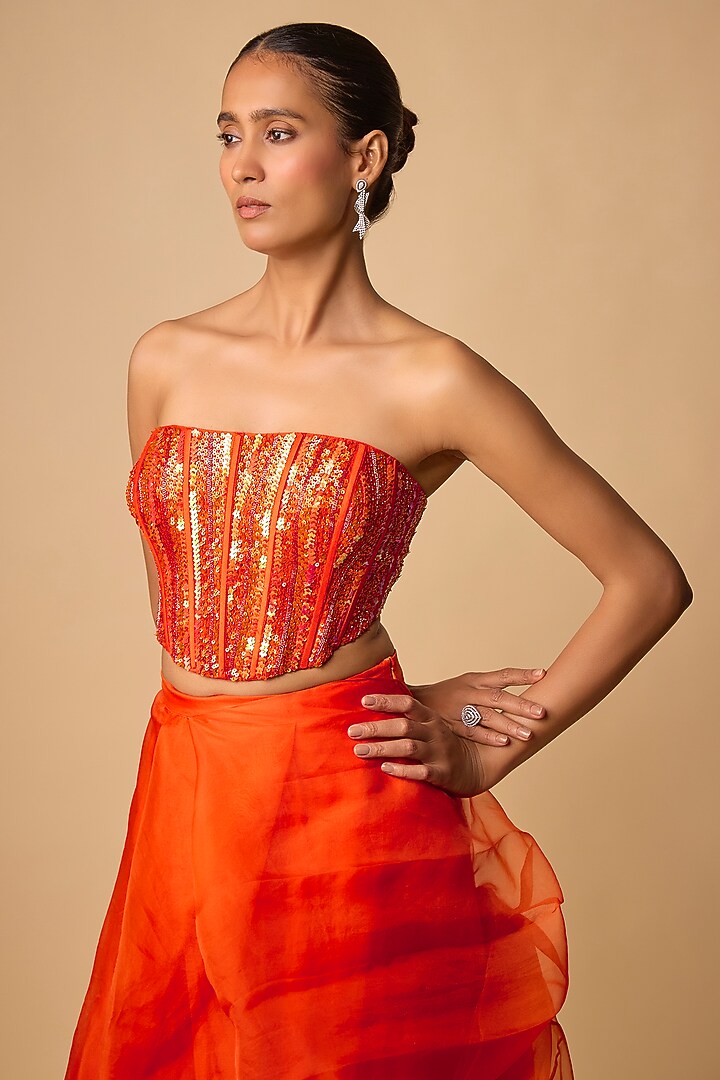 Orange Organza Ruffled Wedding Saree Set by Archana Shah at Pernia's Pop Up Shop