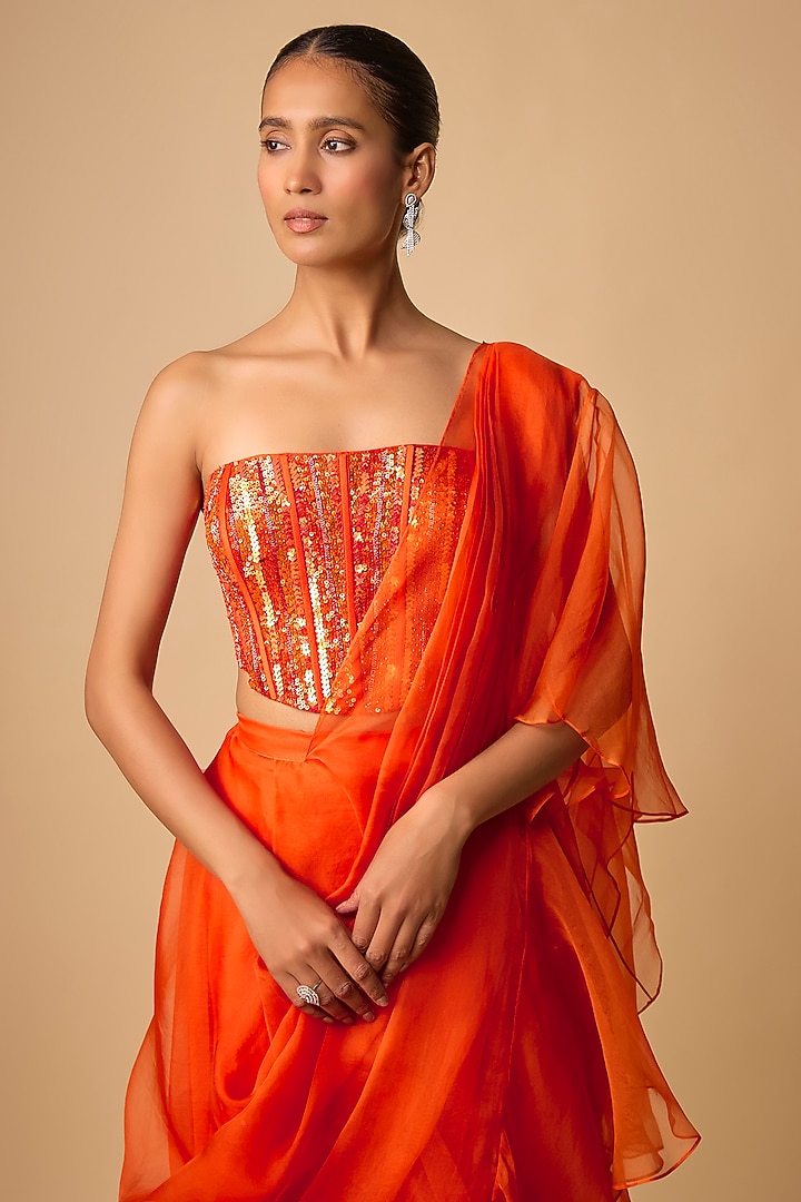 Orange Organza Ruffled Wedding Saree Set by Archana Shah at Pernia's Pop Up Shop