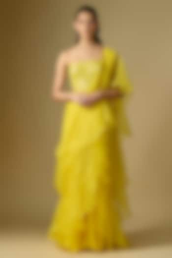 Yellow Organza Draped Skirt Wedding Saree Set by Archana Shah at Pernia's Pop Up Shop