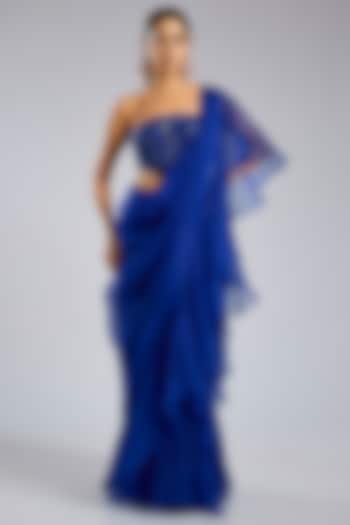 Blue Organza Draped Skirt Wedding Saree Set by Archana Shah at Pernia's Pop Up Shop