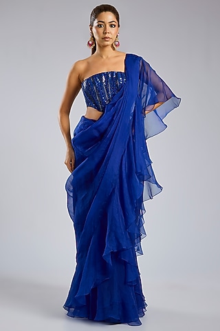 Blue Organza Draped Skirt Saree Set by Archana Shah
