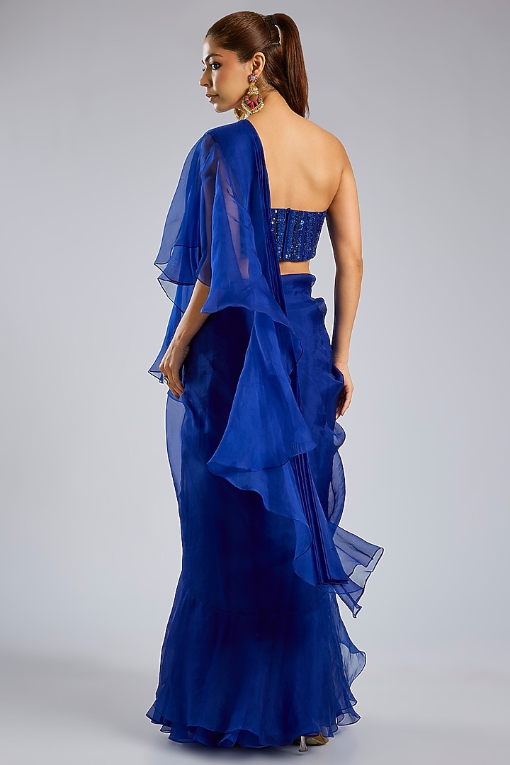 Blue Organza Draped Skirt Wedding Saree Set by Archana Shah at Pernia's Pop Up Shop