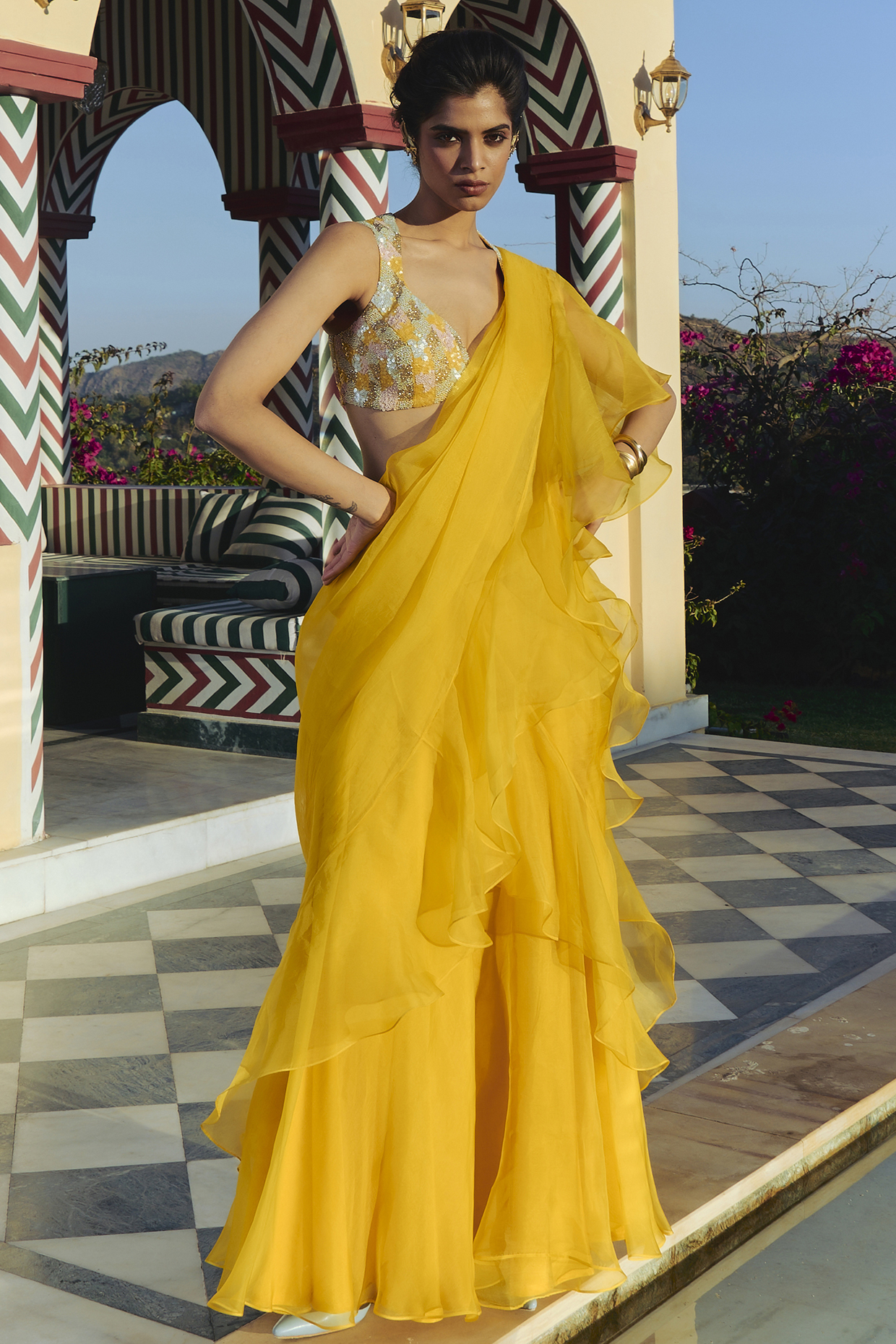 Yellow Organza Draped Wedding Saree Set by Archana Shah at Pernia's Pop Up Shop