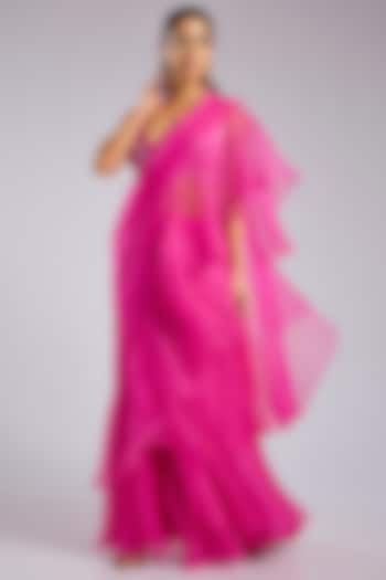 Pink Organza Draped Skirt Wedding Saree Set by Archana Shah at Pernia's Pop Up Shop