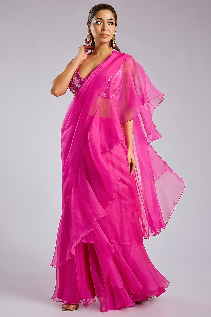 Pink Organza Draped Skirt Wedding Saree Set by Archana Shah at Pernia's Pop Up Shop