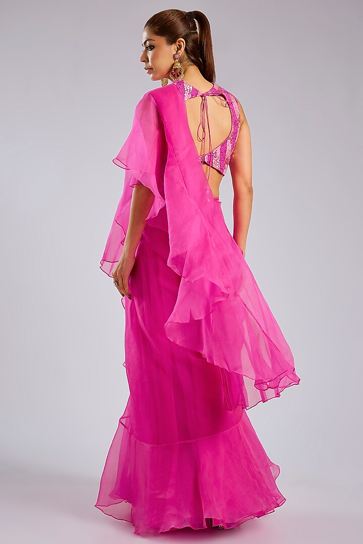 Pink Organza Draped Skirt Wedding Saree Set by Archana Shah at Pernia's Pop Up Shop