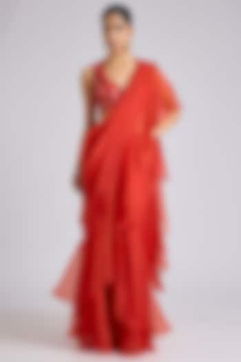 Red Organza Draped Skirt Wedding Saree Set by Archana Shah at Pernia's Pop Up Shop