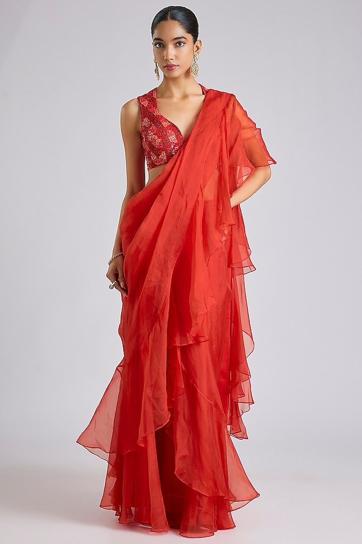Red Organza Draped Skirt Wedding Saree Set by Archana Shah at Pernia's Pop Up Shop