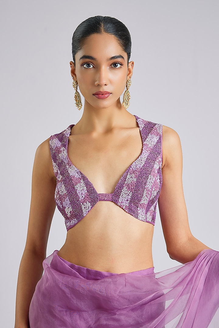 Lavender Organza Draped Skirt Wedding Saree Set by Archana Shah at Pernia's Pop Up Shop