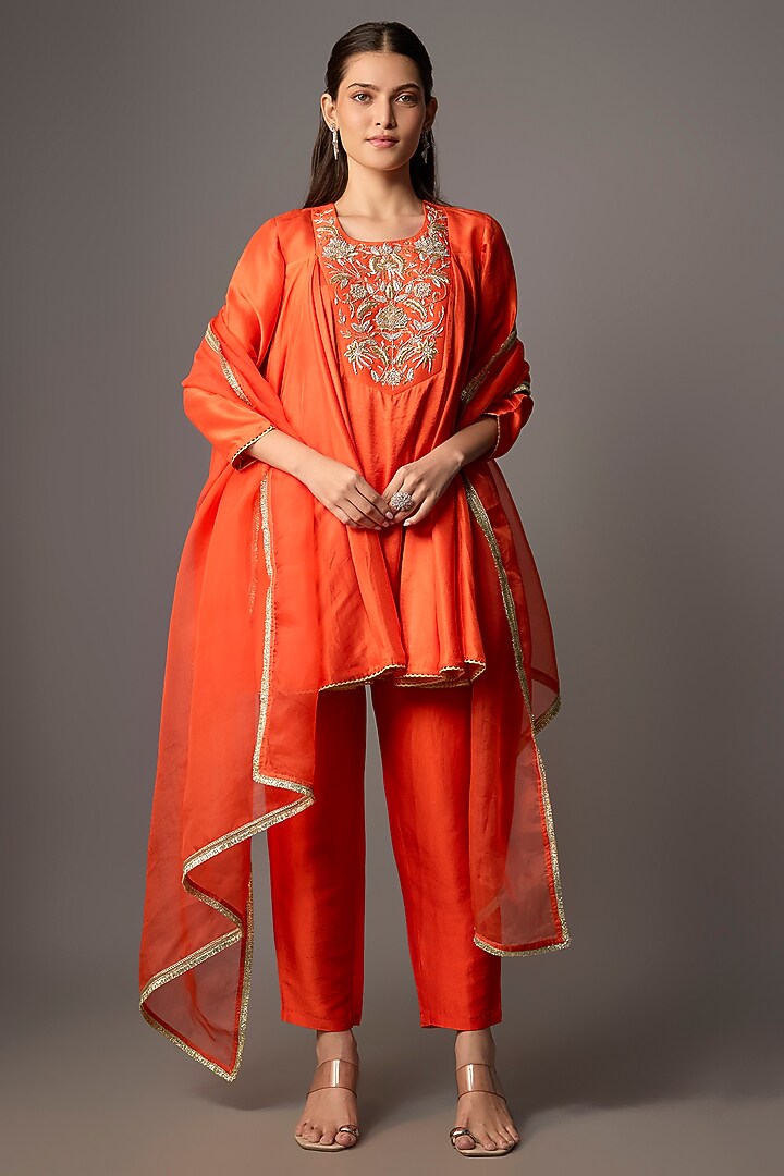 Orange Silk Kurta Set by Archana Shah at Pernia's Pop Up Shop