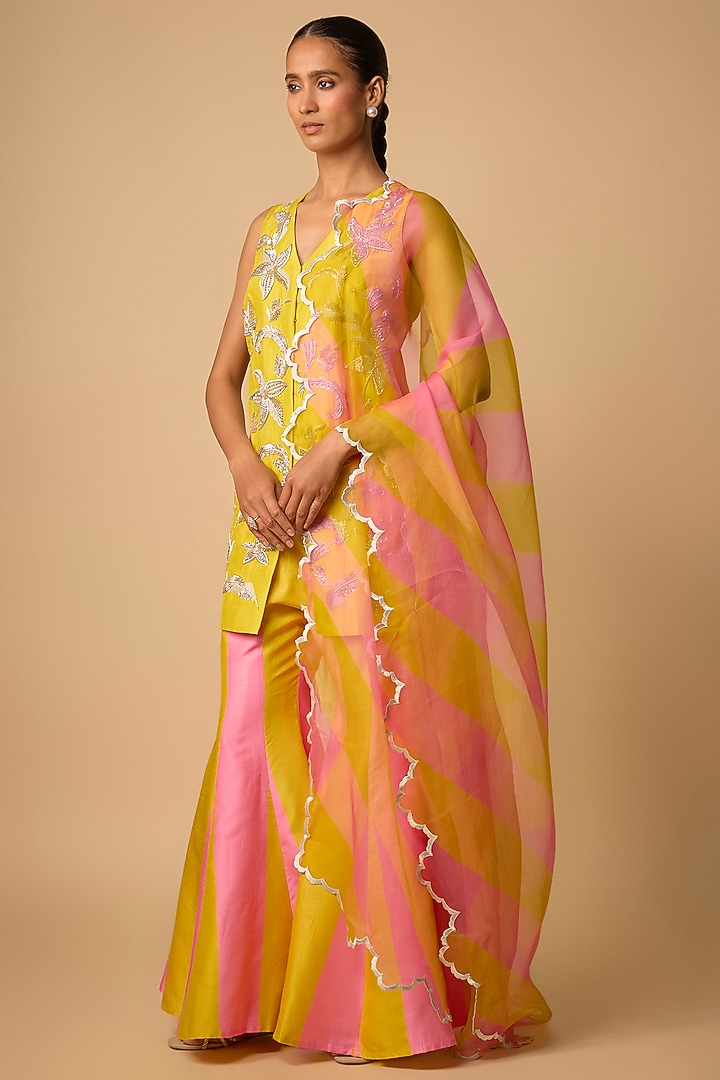Yellow & Pink Silk Wedding Sharara Set by Archana Shah at Pernia's Pop Up Shop