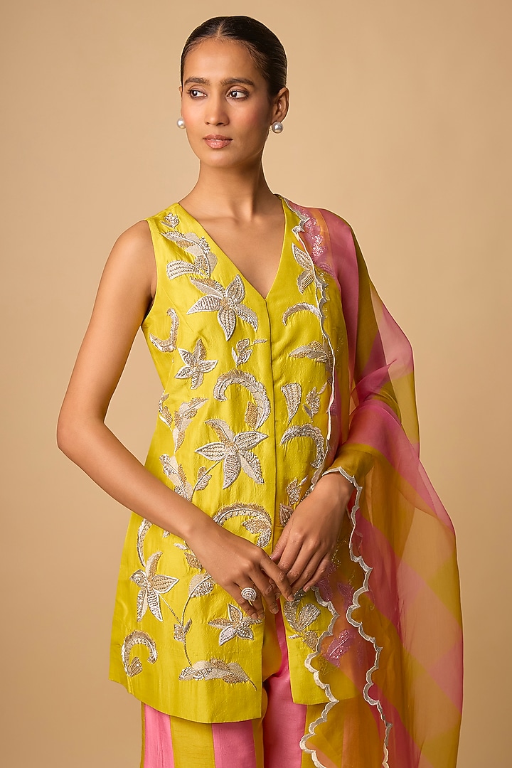 Yellow & Pink Silk Wedding Sharara Set by Archana Shah at Pernia's Pop Up Shop