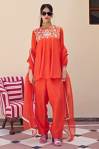 Orange Silk Zari Embroidered Kurta Set by Archana Shah
