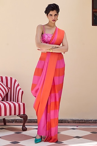 Pink Bemberg Silk Draped Saree Set by Archana Shah
