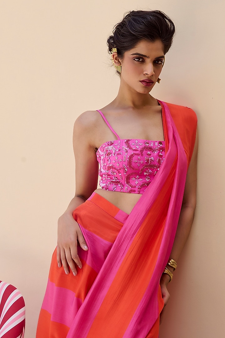 Pink Bemberg Silk Draped Wedding Saree Set by Archana Shah at Pernia's Pop Up Shop