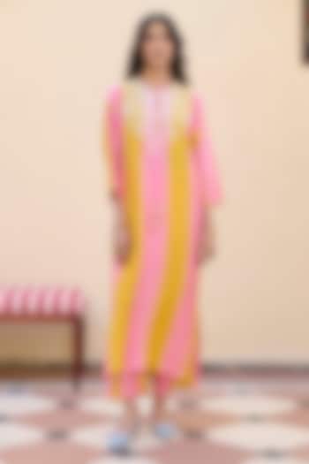Light Pink & Yellow Silk Embroidered Striped Kurta Set by Archana Shah at Pernia's Pop Up Shop