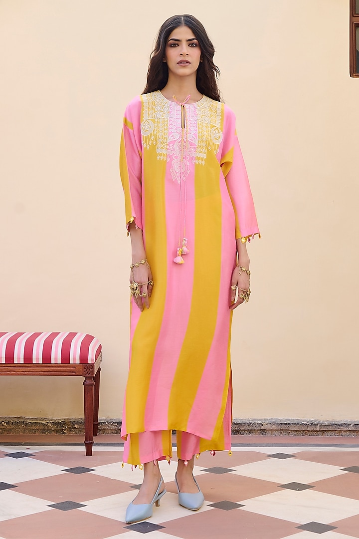 Light Pink & Yellow Silk Embroidered Striped Kurta Set by Archana Shah at Pernia's Pop Up Shop