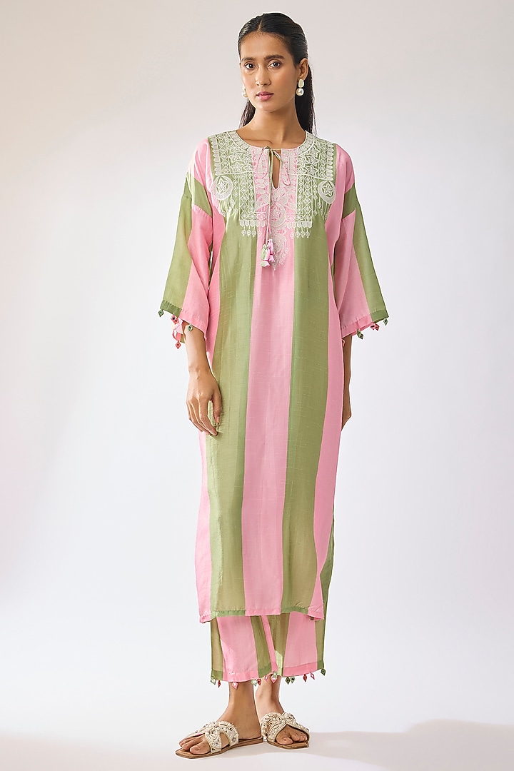 Multi-Colored Silk Blend Embroidered Kurta Set by Archana Shah at Pernia's Pop Up Shop