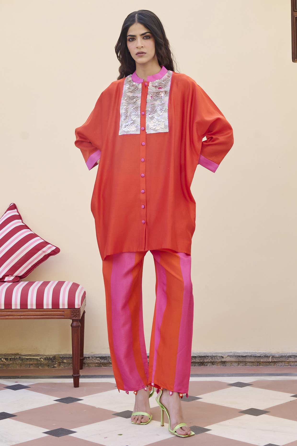 Orange Silk Coin Embellished Short Kaftan Set by Archana Shah at Pernia's Pop Up Shop