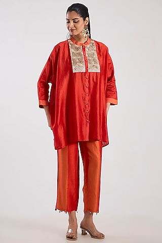 Rust Chanderi Short Kaftan Set by Archana Shah