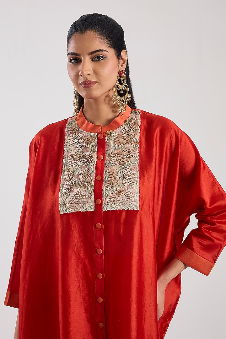 Rust Chanderi Short Kaftan Set by Archana Shah at Pernia's Pop Up Shop