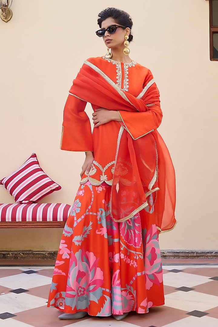 Orange Silk Wedding Sharara Set by Archana Shah at Pernia's Pop Up Shop
