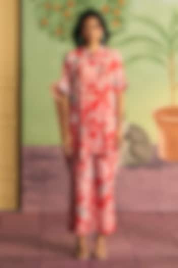 Crimson Red Crepe Pearl Work Co-Ord Set by Archana Shah at Pernia's Pop Up Shop