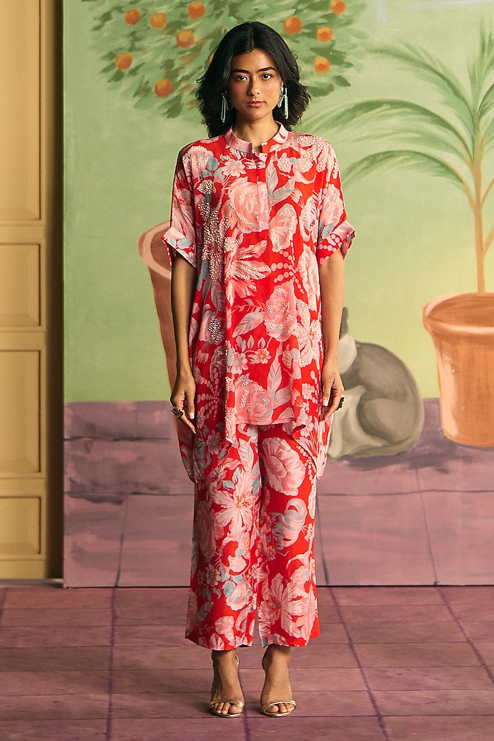 Crimson Red Crepe Pearl Work Co-Ord Set by Archana Shah at Pernia's Pop Up Shop