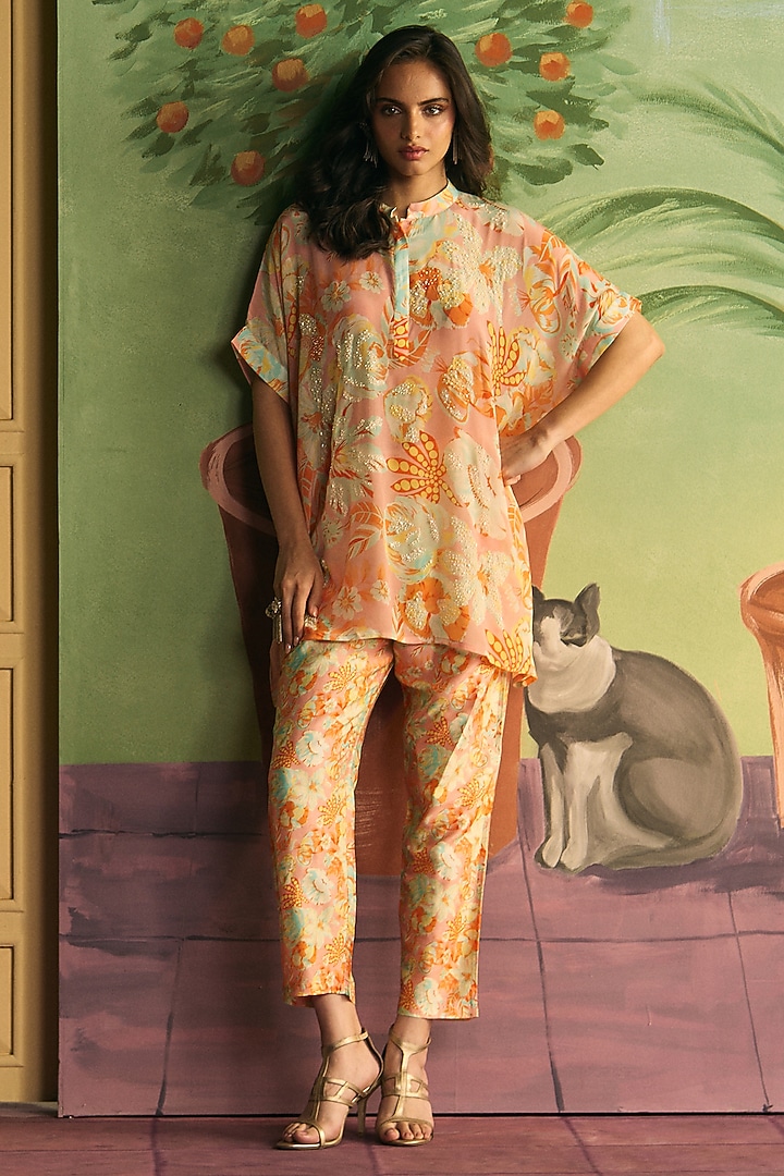 Peach Crepe Pearl Work Co-Ord Set by Archana Shah at Pernia's Pop Up Shop
