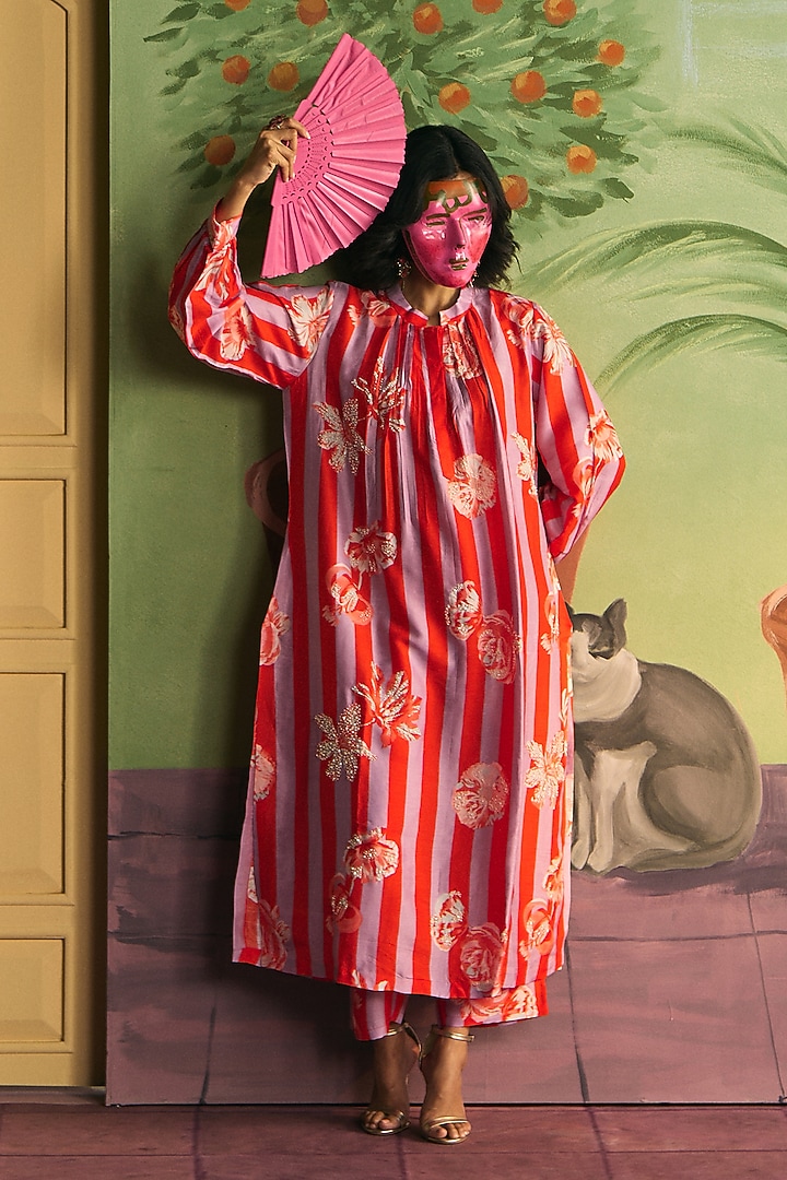 Red & Lavender Silk Kurta Set by Archana Shah at Pernia's Pop Up Shop