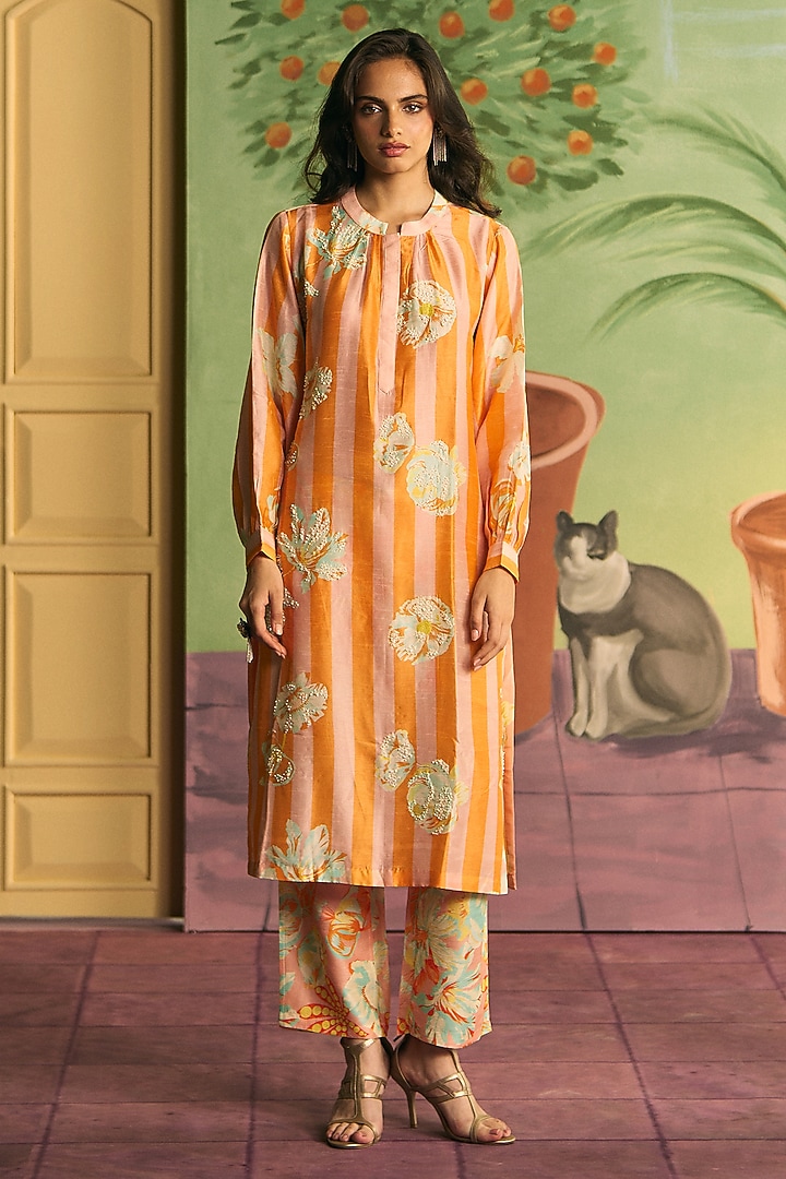 Peach & Orange Silk Kurta Set by Archana Shah at Pernia's Pop Up Shop
