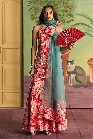 Apricot Red Silk Sharara Set by Archana Shah