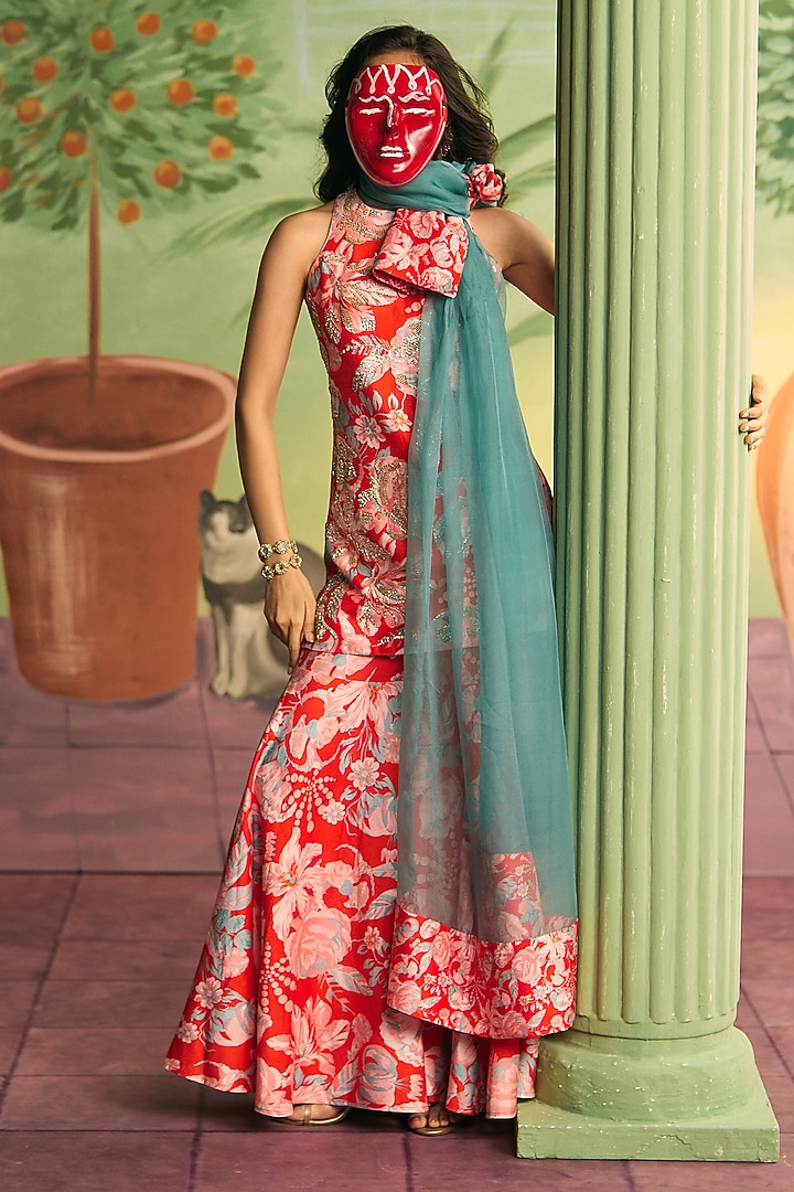 Apricot Red Silk Wedding Sharara Set by Archana Shah at Pernia's Pop Up Shop