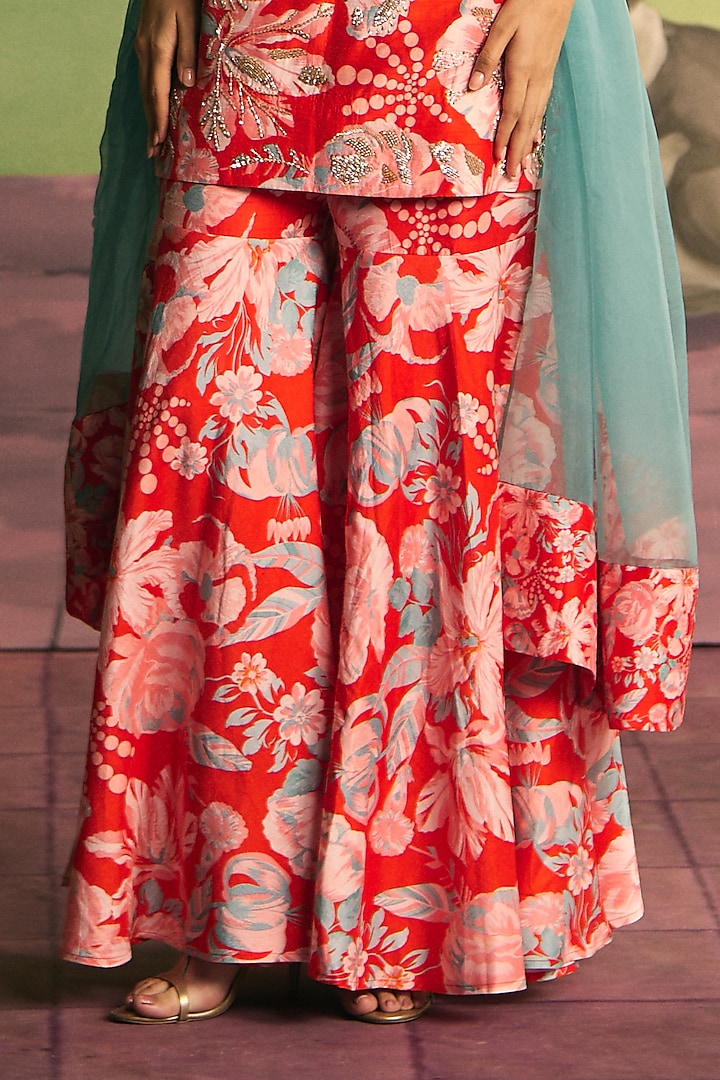Apricot Red Silk Wedding Sharara Set by Archana Shah at Pernia's Pop Up Shop