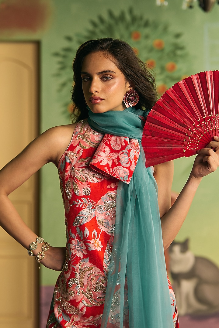 Apricot Red Silk Wedding Sharara Set by Archana Shah at Pernia's Pop Up Shop