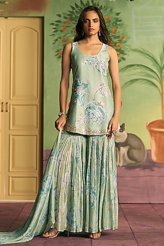 Mint Silk Sharara Set by Archana Shah