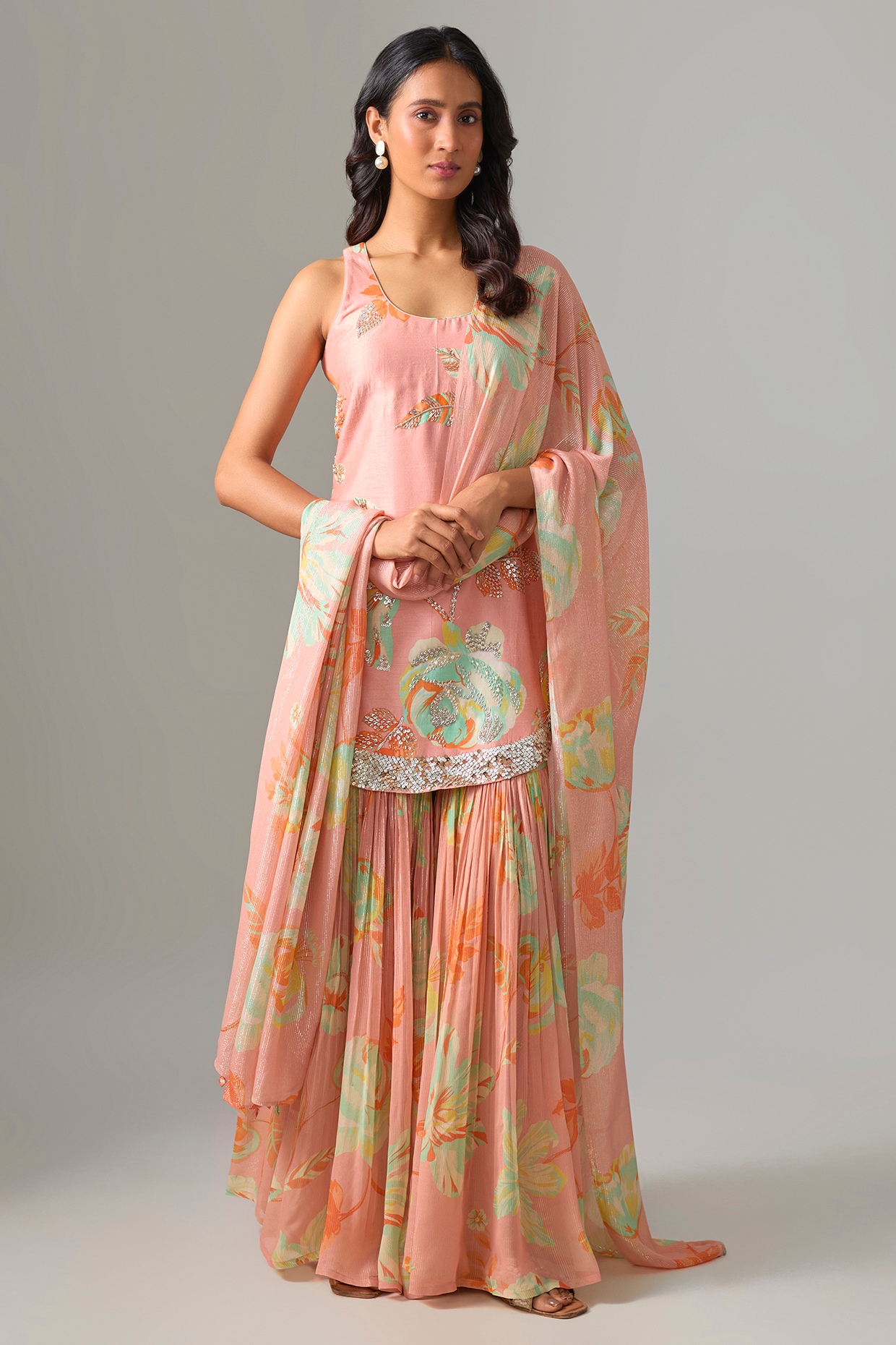 Archana Shah Peach Blended Silk Printed Sharara Set