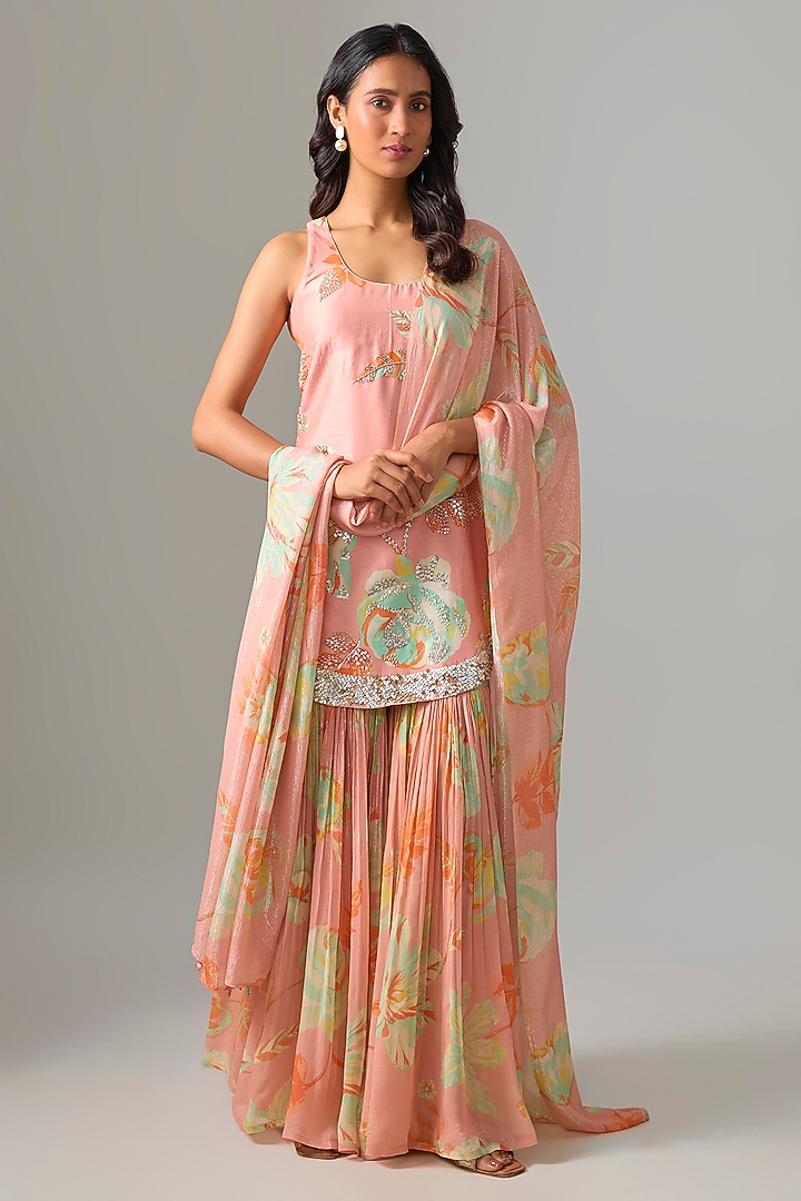 Peach Blended Silk Printed Wedding Sharara Set by Archana Shah at Pernia's Pop Up Shop