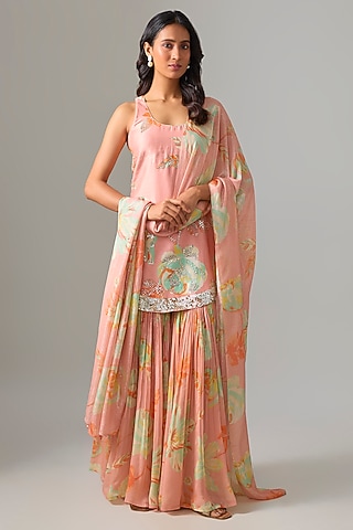 Peach Blended Silk Printed Sharara Set by Archana Shah