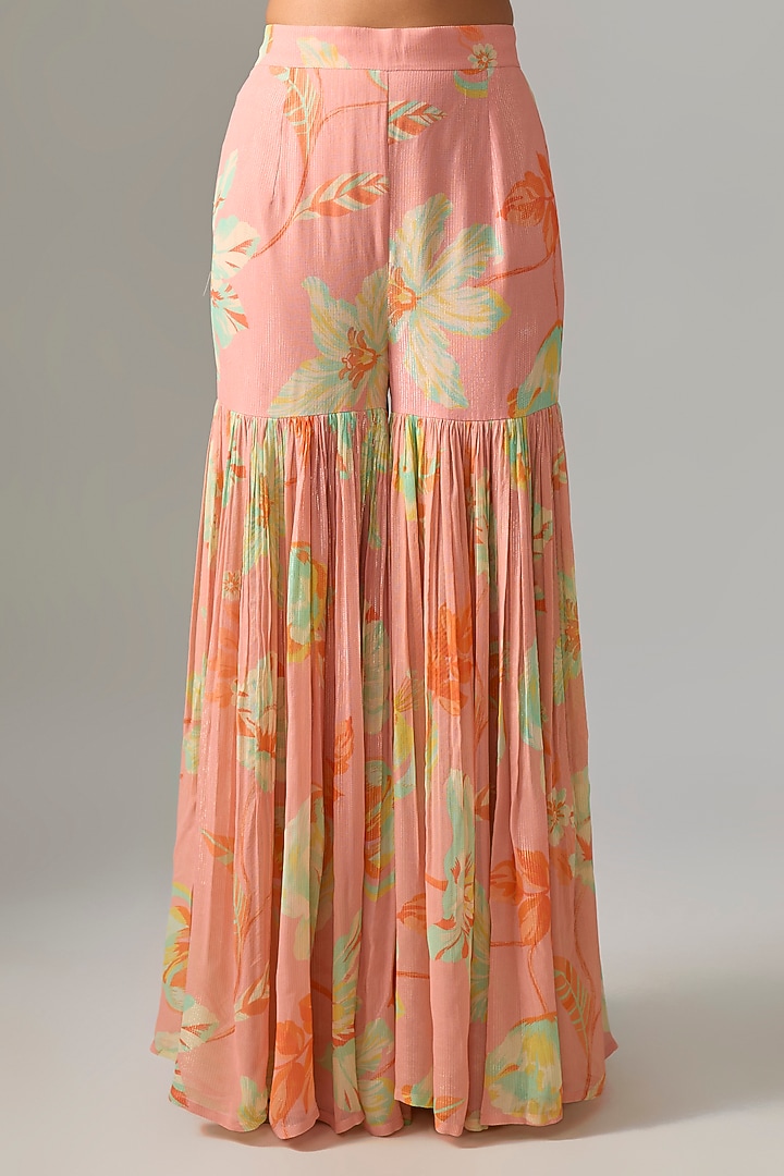 Peach Blended Silk Printed Wedding Sharara Set by Archana Shah at Pernia's Pop Up Shop