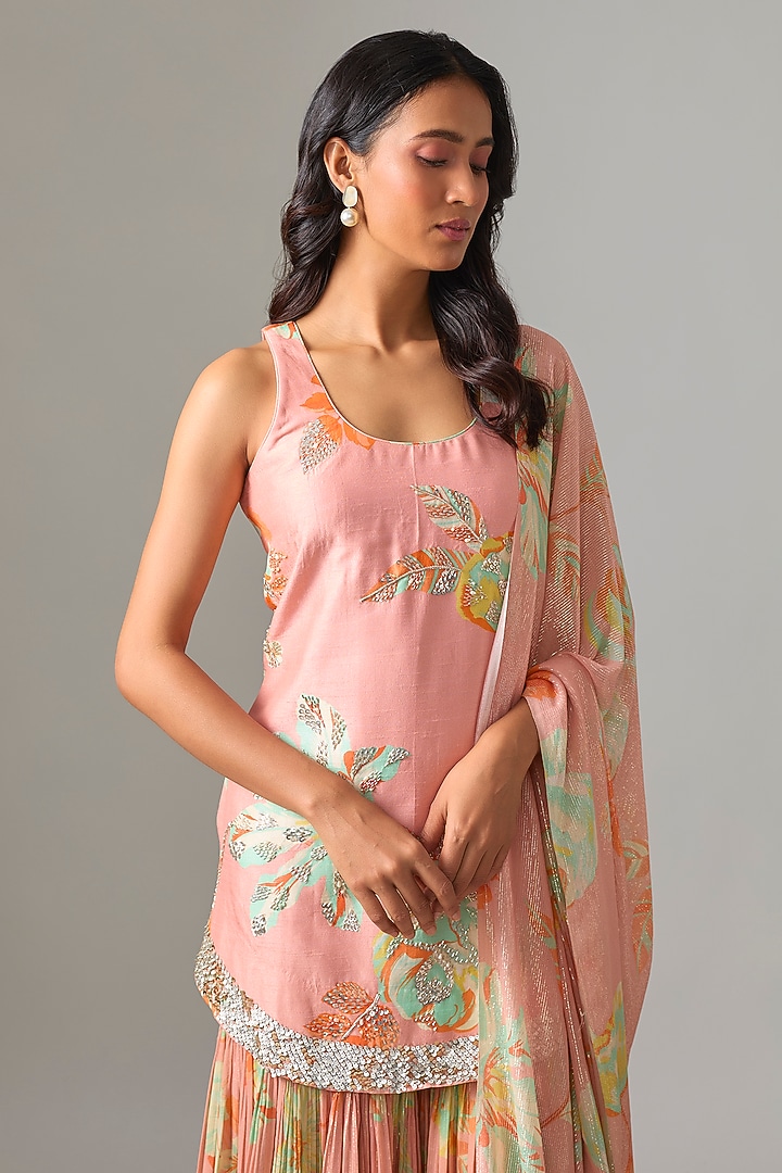 Peach Blended Silk Printed Wedding Sharara Set by Archana Shah at Pernia's Pop Up Shop