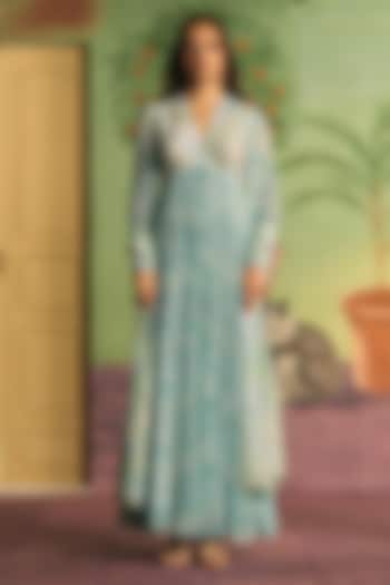 Mint Crepe Pleated Party Wear Anarkali Set by Archana Shah at Pernia's Pop Up Shop