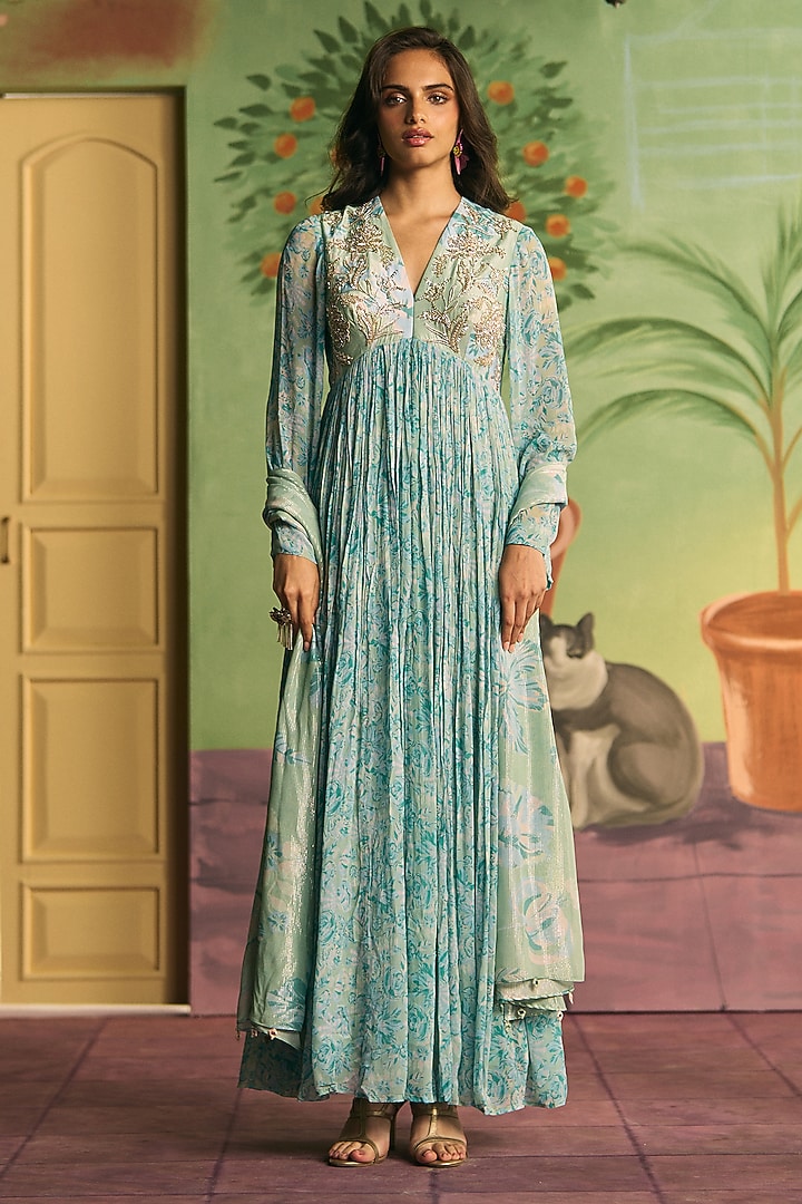Mint Crepe Pleated Party Wear Anarkali Set by Archana Shah at Pernia's Pop Up Shop