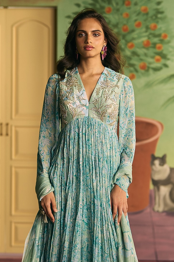 Mint Crepe Pleated Party Wear Anarkali Set by Archana Shah at Pernia's Pop Up Shop