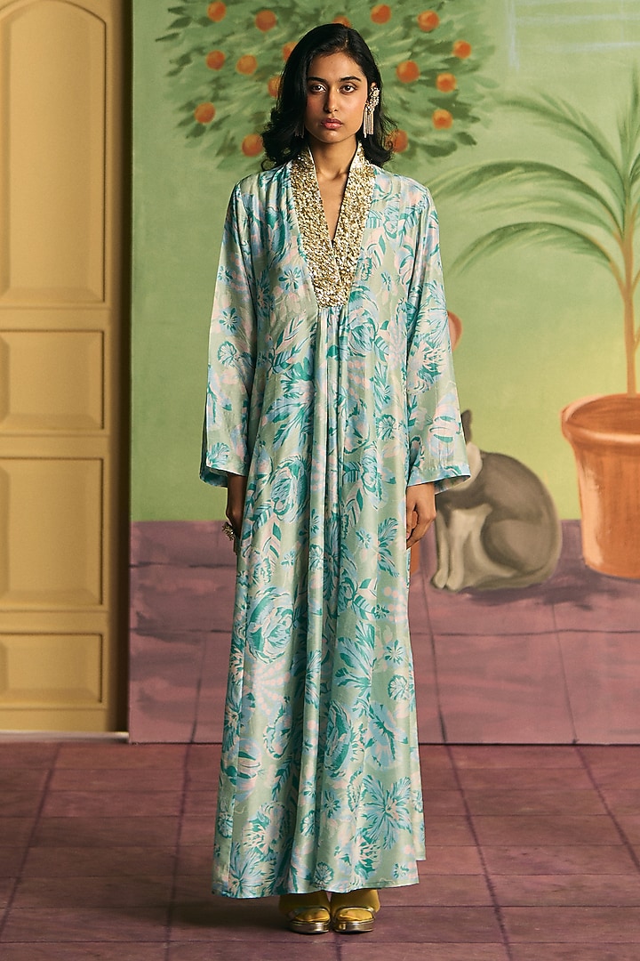 Mint Green Silk Kaftan by Archana Shah at Pernia's Pop Up Shop