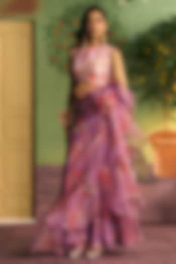 Lavender Organza Ruffled Wedding Saree Set by Archana Shah at Pernia's Pop Up Shop