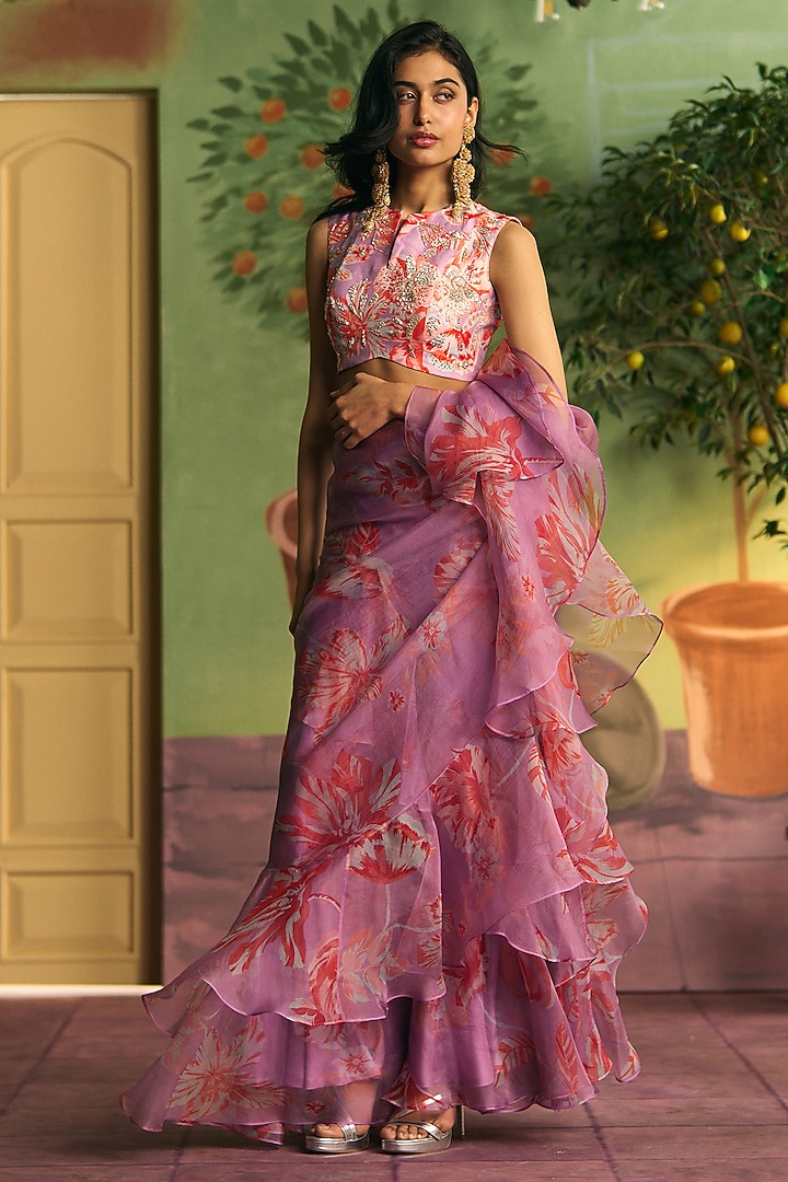 Lavender Organza Ruffled Wedding Saree Set by Archana Shah at Pernia's Pop Up Shop