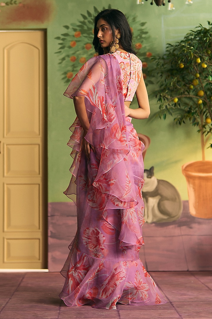 Lavender Organza Ruffled Wedding Saree Set by Archana Shah at Pernia's Pop Up Shop
